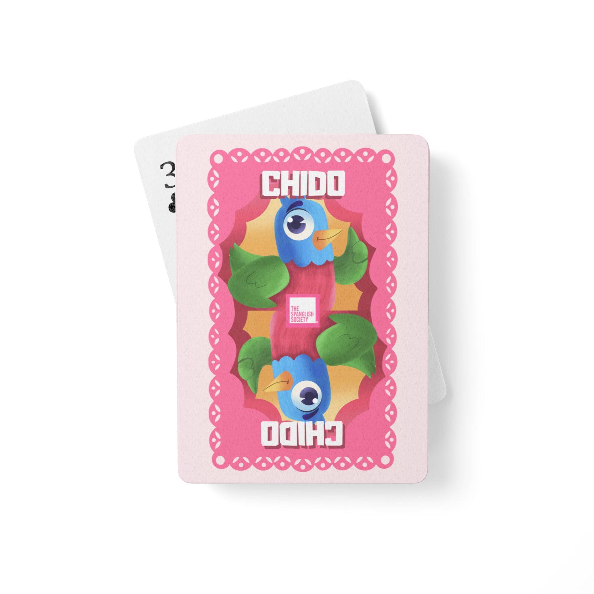 Colorful Playing Cards with "Chido" Mexican slang on a pink background. The Spanglish Society