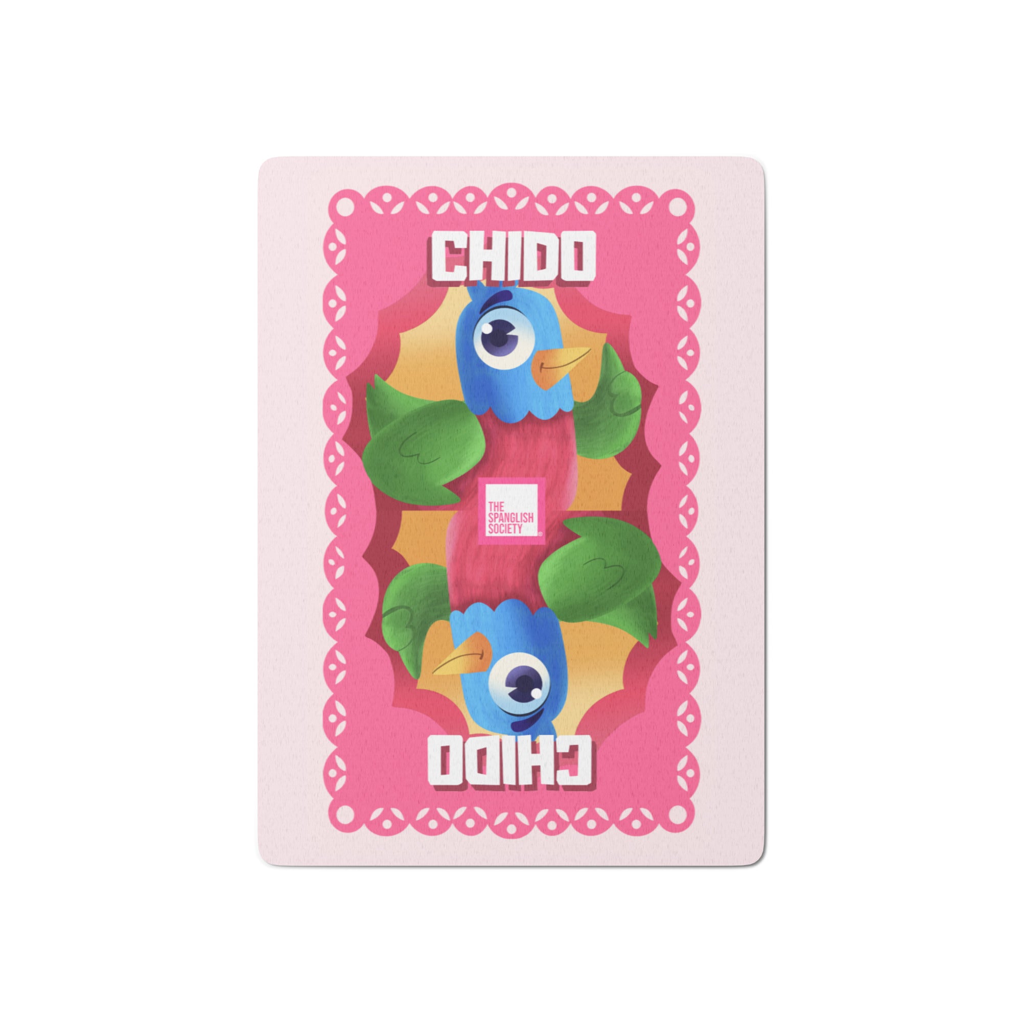 Colorful Playing Cards with "Chido" Mexican slang on a pink background. The Spanglish Society