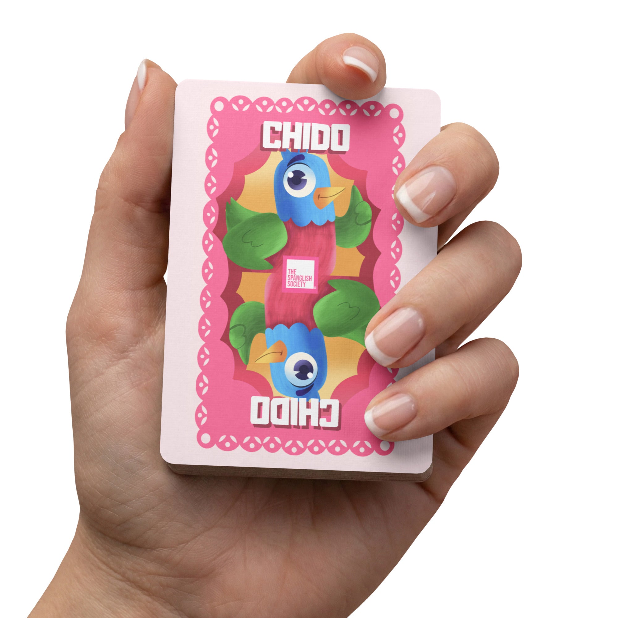 Colorful Playing Cards with "Chido" Mexican slang on a pink background. The Spanglish Society